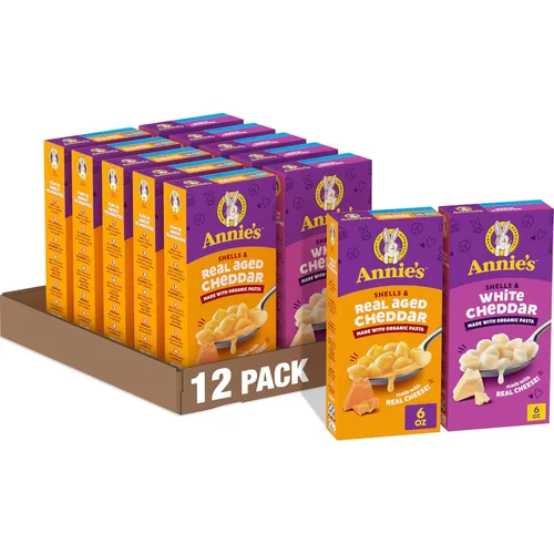 Annie's - Paquete variado de macarrones y queso orgánicos, conchas y cheddar blanco y conchas y queso cheddar envejecido real, 6 onzas (paquete de