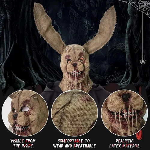 Vista 4 de Máscara de conejo de espantapájaros, máscara de saco de arpillera de conejo aterrador, máscara de payaso diablo de Halloween, casco de látex