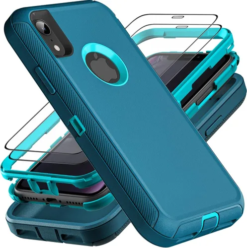 Vista 9 de YKHJKLEC Funda para iPhone XR, grado militar 3 en 1, resistente a los golpes, a prueba de caídas, polvo con 2 protectores de pantalla de vidrio Azul