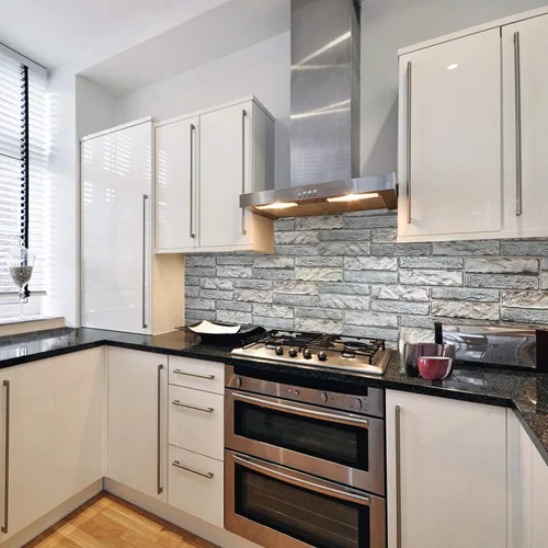 Vista 2 de Dundee Deco PG7008 Ladrillo antiguo sintético gris beige claro, 3.1 pies x 1.6 pies, panel de pared 3D de PVC, decoración de paneles de pared