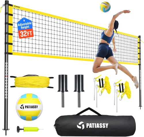 Outdoor Volleyball Net Set for Backyard & Beach, 32FT Regulation Size, Easy Setup Adjustable Height Poles, Portable Net System with PU Volleyball,