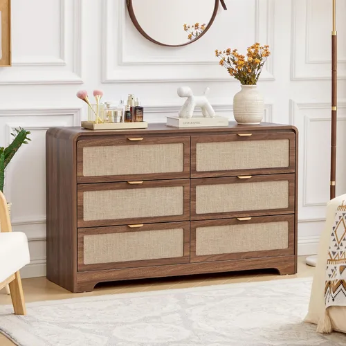 Vista 14 de Cómoda moderna de mediados de siglo para dormitorio con 4 cajones, cómoda de 35 pulgadas de alto con lino natural, cómoda de madera curvada