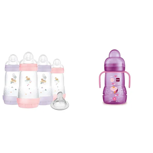 Botella MAM anticólicos de 9 onzas, paquete de 4 con pezón adicional y taza MAM Trainer de 8 onzas con boquilla extra suave para niñas