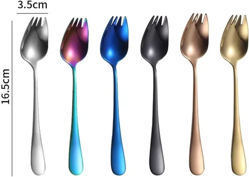 Vista 2 de Tenedores de ensalada 2 en 1 de acero inoxidable de 6.5 pulgadas, cucharas de postre de mango largo, cucharas de cena, aperitivo de frutas, Plata