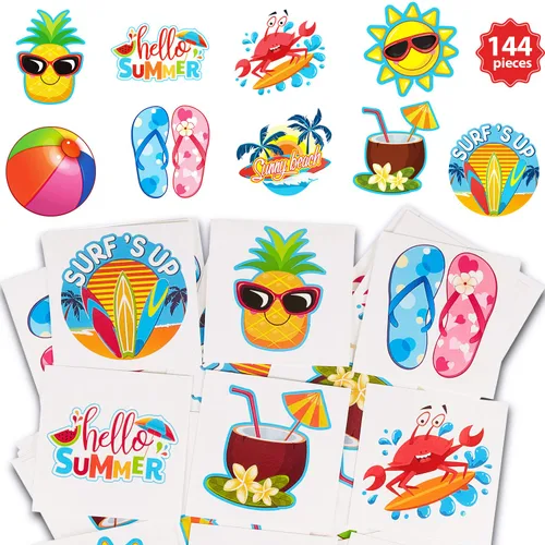 Patelai 144 tatuajes temporales de verano, tatuajes de playa, hawaianos Luau, regalos de fiesta, calcomanías tropicales impermeables Hola verano