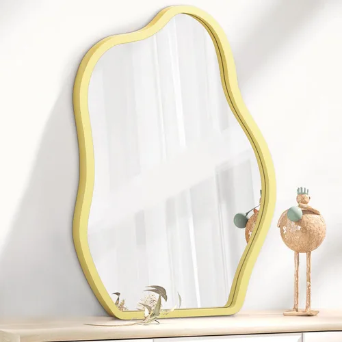 Vista 19 de Espejo de pared asimétrico con marco de madera, espejo colgante moderno irregular para pared para tocador, sala de estar, dormitorio, baño, entrada