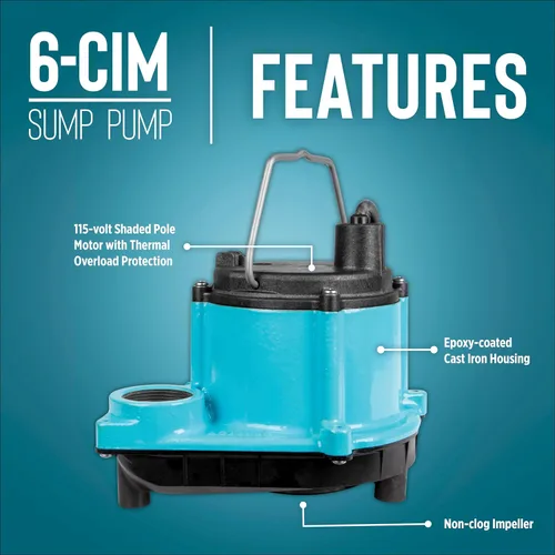 Vista 4 de Little Giant 6-CIM-R Bomba sumergible de sumidero de 115 voltios, 1/3 HP, 2750 GPH (sin interruptor) para sistemas de sumidero y deshidratación