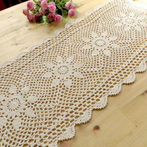 Vista 6 de KEPSWET Camino de mesa rectangular de encaje de ganchillo hecho a mano con girasol de algodón para decoración de mesa auxiliar