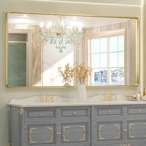 Vista 66 de TETOTE Espejo de marco dorado cepillado de 16 x 24 pulgadas, espejo de tocador de baño de latón dorado para pared, espejo enmarcado rectangular
