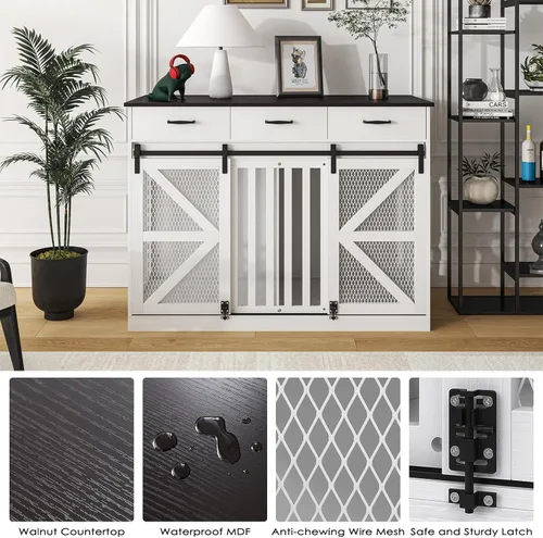 Vista 2 de Saudism Mueble de jaula para perros de granja 2 en 1, perrera grande de madera con cajones de almacenamiento, puertas dobles, soporte de TV