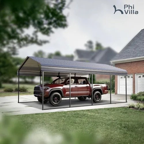 Vista 2 de PHI VILLA Cochera metálica de 12 x 20 pies con techo de acero galvanizado, cochera de metal resistente resistente para automóviles, barcos