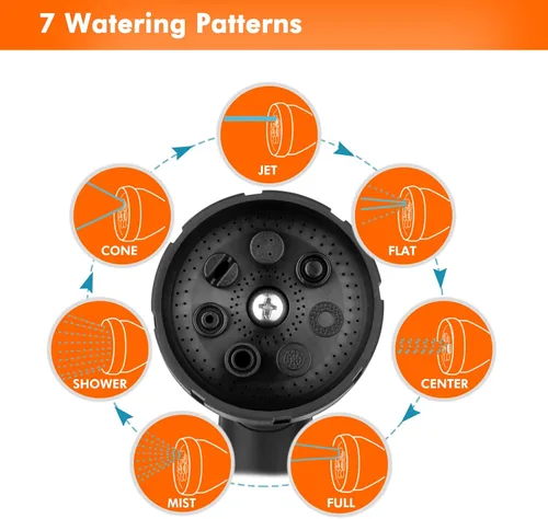 Vista 3 de RESTMO Boquilla de manguera de metal, rociador de boquilla de manguera de jardín resistente, control de flujo de pulgar Alta presión 7 patrones