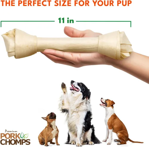 Vista 4 de Pork Chomps Masticable para perros de piel de cerdo al horno, nudo de 11 pulgadas, 1 unidad Long-lasting treat for dogs, high protein