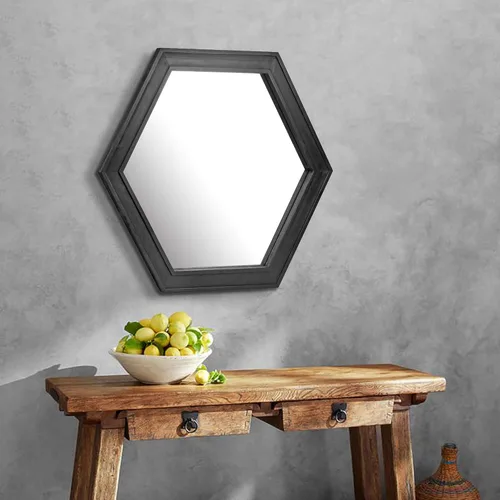 Vista 6 de Stonebriar Espejo de pared hexagonal decorativo de 24 pulgadas con marco de madera negra y soporte para colgar, decoración rústica decorativa
