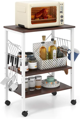 Vista 11 de Giantex Kitchen Bakers Rack - Carrito de 3 niveles para microondas con ruedas, carrito de barra industrial con 10 ganchos, marco de metal, estantes