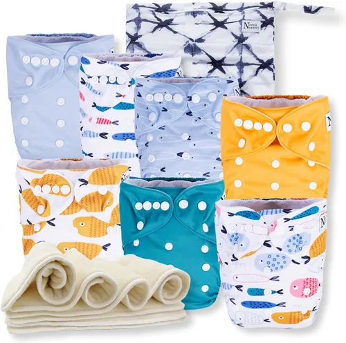 Vista 9 de Nora's Nursery Pañales de tela, paquete de 7 con 7 insertos y 1 bolsa húmeda, funda impermeable, lavable, reutilizable y pañales de bolsillo