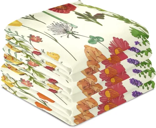 Vista 4 de Retro Wildflowers Botanical Yellow Towels Kitchen Sets, 28x18 Inches Absorbent Printed Hand Towels, Set of 6