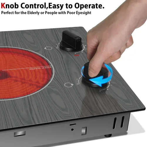 Vista 4 de Karinear Placa de Cocina Eléctrica de 2 Quemadores, 110v Estufa Eléctrica Portátil con Perilla, Placa de Cocina de Vidrio, Hermoso Patrón de Veta