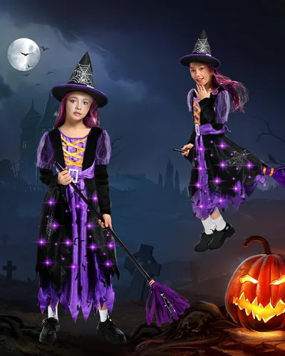 Vista 4 de Disfraz de bruja de Halloween para niñas, bruja malvada morada y negra con sombrero, falda de murciélagos iluminados