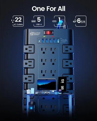 Vista 2 de Regleta de alimentación, SUPERDANNY - Protector contra sobretensiones con 22 tomas de corriente AC y 6 puertos de carga USB, 1875 W/15 A, 2100
