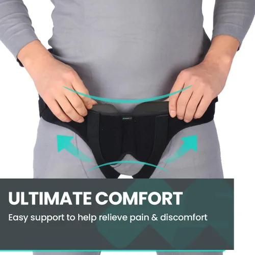 Vista 2 de Cinturón de hernia inguinal con almohadillas de compresión extraíbles, soporte ajustable de velcro para la ingle izquierda, derecha o bilateral