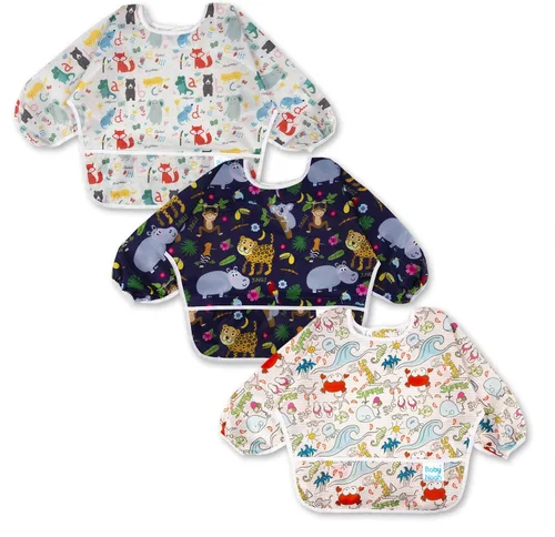 Vista 10 de Juego de baberos de manga larga de 3 piezas, baberos impermeables para bebés con bolsillo, babero para niños pequeños con mangas, bata resistente a