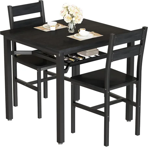 Vista 9 de Hooseng juego de mesa de comedor de 3 piezas para 2, pequeña mesa de cocina de madera con almacenamiento, juego de comedor cuadrado de estilo granja