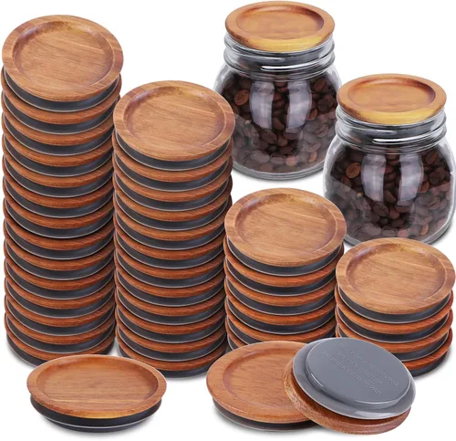 Vista 14 de 3 paquetes de tapas de boca regular y 3 paquetes de tapas de boca ancha para tarros de albañil de acacia, tapas de almacenamiento de tarros