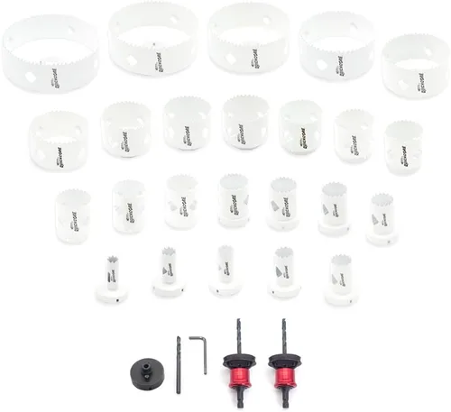 Vista 3 de Disston QUICKCORE - Juego de 28 piezas con 24 tamaños de sierra de agujeros incluidos, eje de cambio rápido y adaptador, parte E0100255, blanco (255)