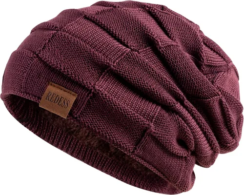 Vista 13 de REDESS Gorro de lana para hombres y mujeres, gorros de invierno cálidos de punto holgados y gruesos tipo calavera A1 negro