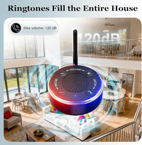 Vista 5 de PebblePulse Amplificador de timbre para teléfono celular, tono de llamada fuerte de 120 dB con alerta de flash LED, conexión automática Bluetooth