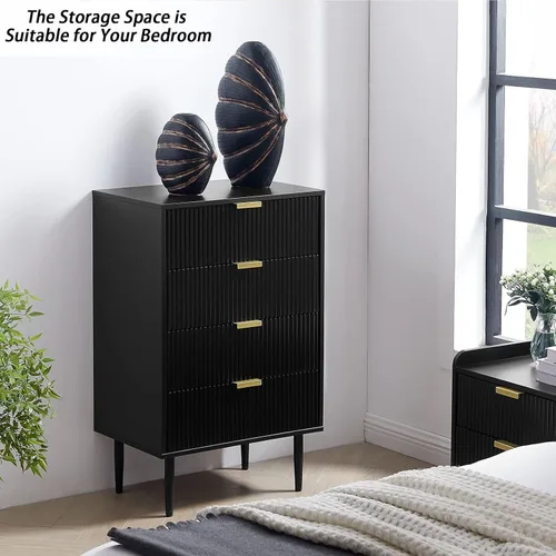 Vista 4 de Okvnbjk Cómoda de 4 cajones para dormitorio, cómoda de madera negra con asas de metal, cómodas altas y cómodas, armario de almacenamiento