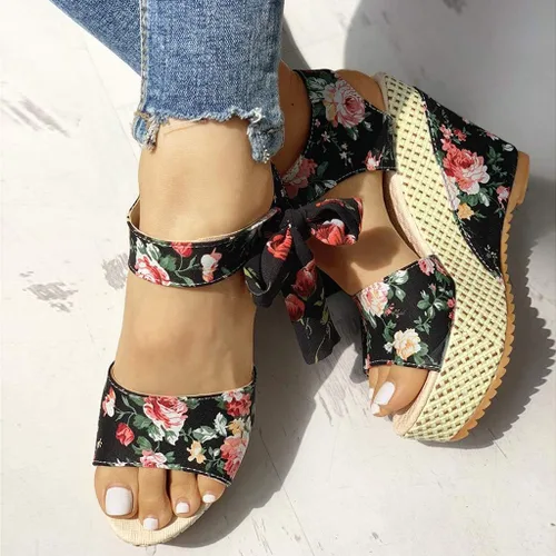 Vista 4 de NOLDARES Sandalias de verano para mujer, con plataforma de alpargata, con diseño floral, con cordones