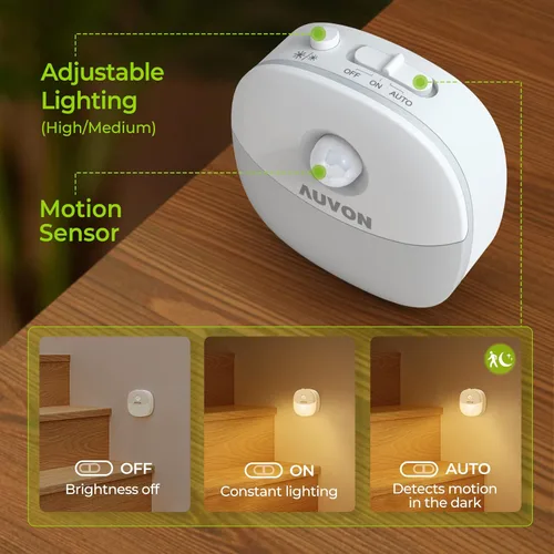 Vista 3 de AUVON Luz nocturna de batería recargable, mini con sensor de movimiento, luz LED blanca cálida con sensor de atardecer a amanecer, brillo ajustable