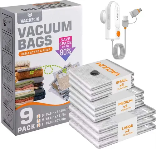 Travel Vacuum Bags with USB & TYPE C Pump, 9 Pack Carry-On Vacuum Storage Bags for Luggage & Suitcase, Vacuum Luggage Bags, Space Saver for Clothes