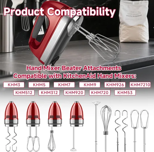 Vista 4 de Batidor de mano para batidora de mano Kitchenaid KHM3 KHM5 KHM7 KHM9, incluye batidor, varilla de mezcla y gancho para masa, accesorios de batidora