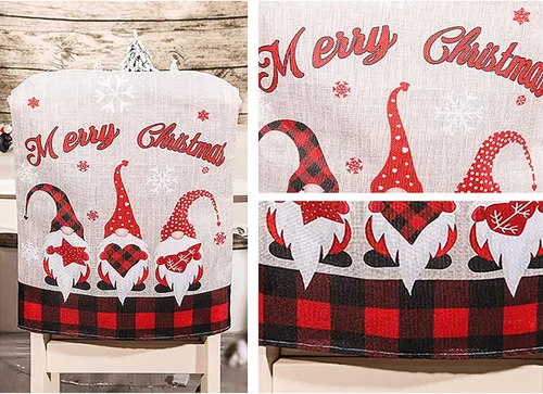 Vista 2 de MSUIINT Fundas para respaldo de silla de Navidad, 4 fundas de arpillera a cuadros para silla con patrón de gnomo, fundas para sillas de comedor