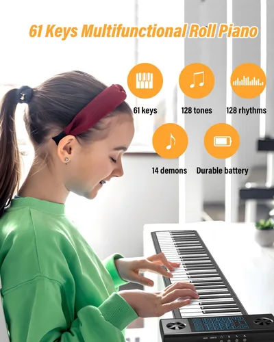 Vista 2 de KONIX Piano enrollable de 61 teclas, piano portátil mejorado para principiantes con Bluetooth/MIDI, teclado de piano enrollable de silicona