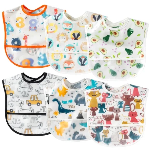 Vista 16 de 6 piezas de baberos impermeables para niños pequeños con bolsillo recogemigas, juego de baberos para bebés con ajuste para dientes de leche, baberos