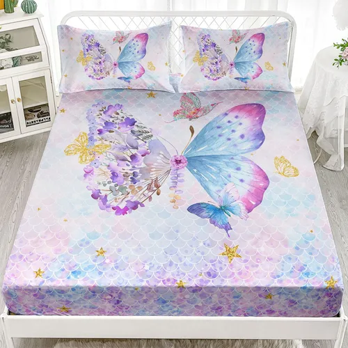 Vista 45 de Juego de sábanas de 4 piezas ajustadas y planas para niñas, estampado de mariposas y flores rosas con 1 + 2 fundas de almohada para cama individual