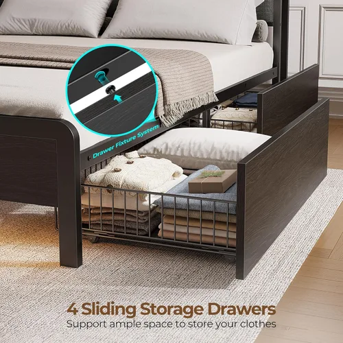 Vista 6 de Rolanstar Bed Frame Twin Size with Charging Station and LED Lights, Upholstered Storage Headboard with Drawers, Heavy Duty Metal Slats, No Box