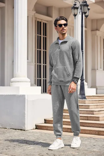 Vista 8 de COOFANDY Conjunto deportivo de 2 piezas para hombre, ajuste relajado, con media cremallera, para correr