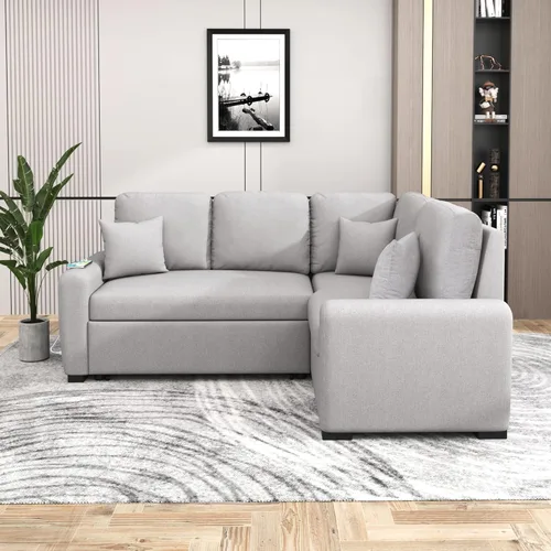 Vista 12 de Sofá modular en forma de L de 100.7 pulgadas con otomana extraíble, modernos sofás de 3 plazas con dos reposabrazos y patas de metal, cómoda tela