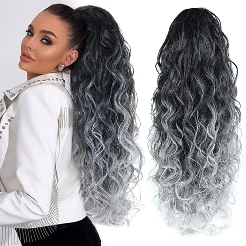 Vista 14 de Extensiones de cola de caballo rizadas sueltas con cordón – Extensiones de cabello largo ondulado negro grueso con clip en extensiones de cola