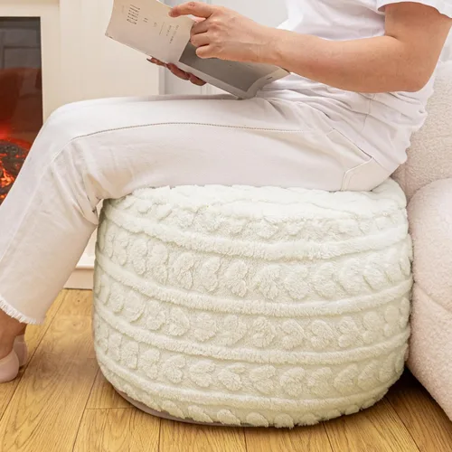 Vista 6 de Puf otomano redondo de 20 x 14 pulgadas, reposapiés con estampado de corazón suave para sala de estar, cómodo puf de suelo, moderno relleno