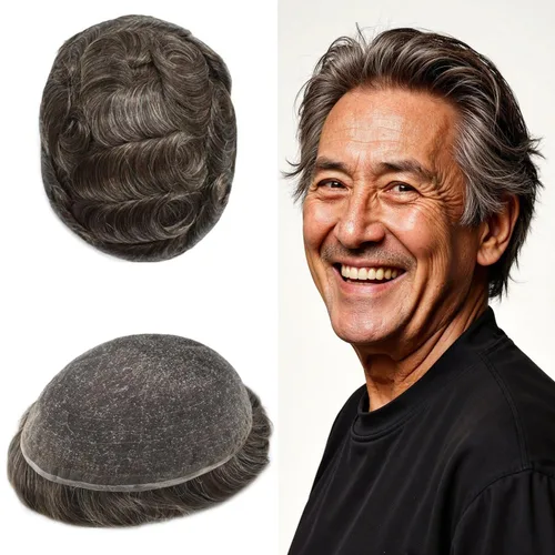 Vista 71 de Toupee - Sistema de reemplazo de piezas de cabello humano real, encaje suizo suave frontal para hombre, nudo blanqueado, línea capilar natural