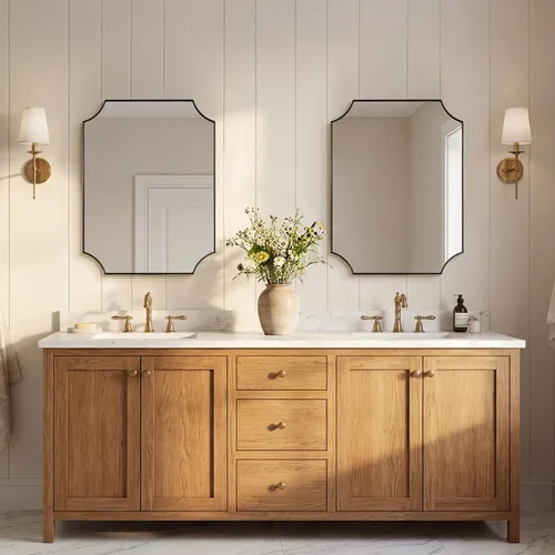 Vista 6 de ANDY STAR Espejo de bronce de 22 x 30 pulgadas, espejo de baño festoneado de bronce cepillado, espejo de pared rectangular en marco fino de metal