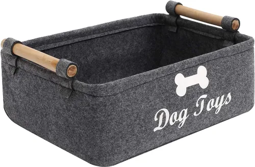 Vista 9 de Geyecete Cesta plegable para juguetes para perros con mango de madera, gran contenedor de almacenamiento de suministros para mascotas gris oscuro