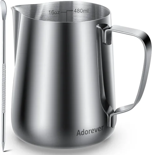 Vista 7 de Jarra de espuma de leche, taza espumadora de leche de acero inoxidable de 16 onzas, jarra de vapor para vaporizar, cafetera de espresso, accesorios