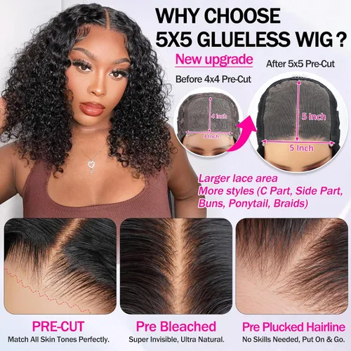Vista 3 de AISI Cyrly - Peluca de cabello humano estilo Bob de 1800 % de densidad, sin pegamento, con cierre de encaje HD de 5 x 5, pelucas rizadas de cabello